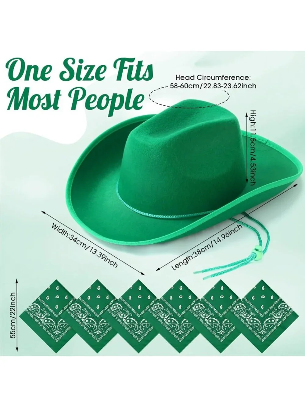 Men's Green Bandanas Bulk Adjustable Felt Western Cowboy Cowgirl Hat 12 Pcs